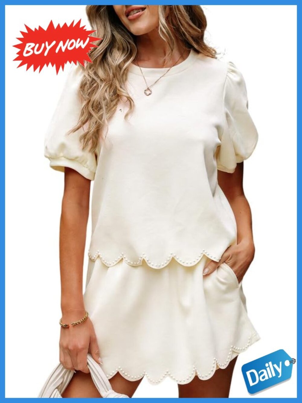 CHARTOU Women 2 Piece Puff Sleeve Scalloped Top & Skorts Lounge Set